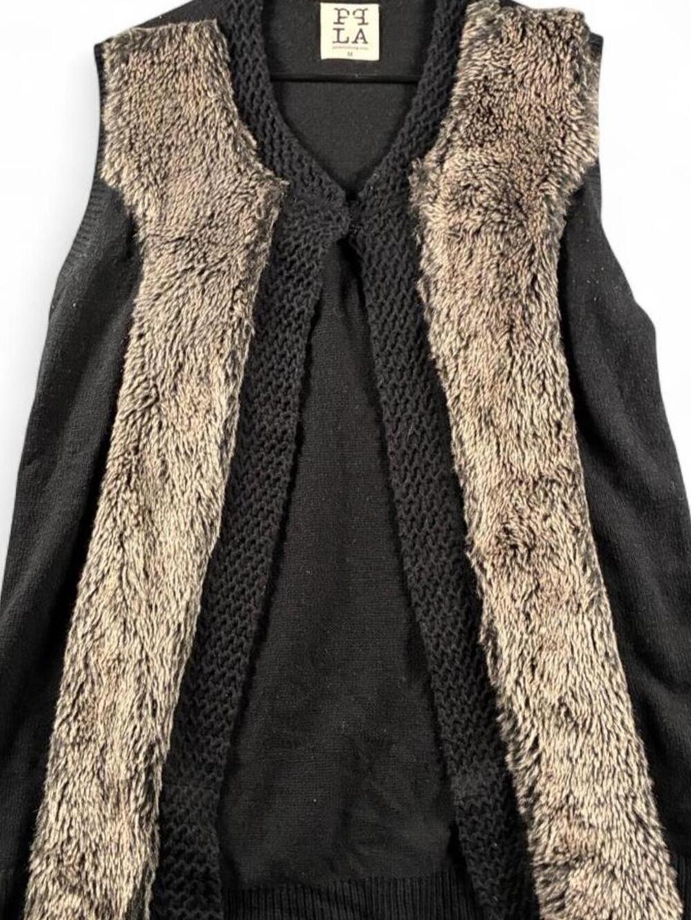 PPLA Women's Black and Brown Faux Fur Knit Vest, Size M, Very Good Condition